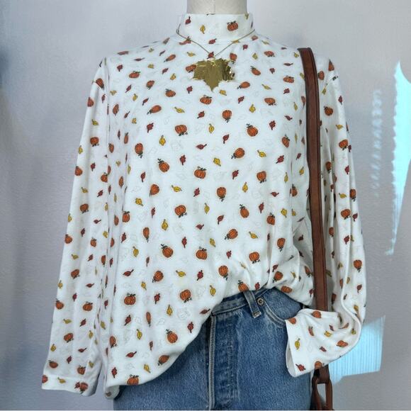 Vintage Tops - Vintage 90s Pumpkin Leaf Print Top XL Fall Autumn Cozy Cottagecore Halloween